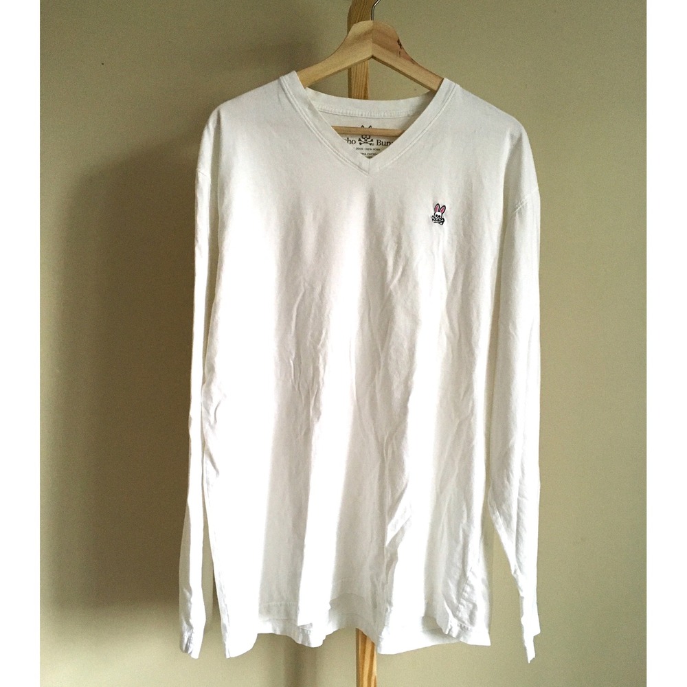 Psycho Bunny Mens White V-Neck Long Sleeve Pima Cotton Logo T-Shirt Size 8
